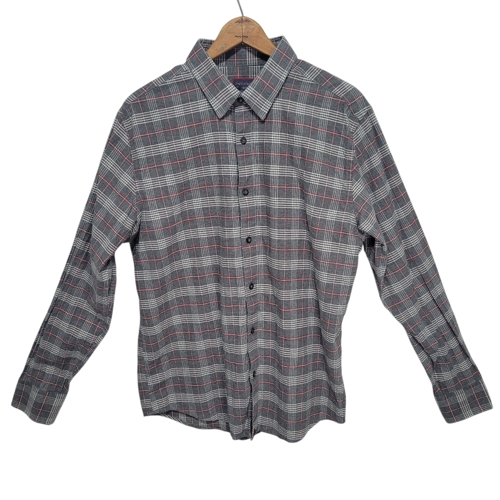 UNTUCKit Men's Long Sleeve Grey Red Plaid Button Down Size L Slim Fit Grunge